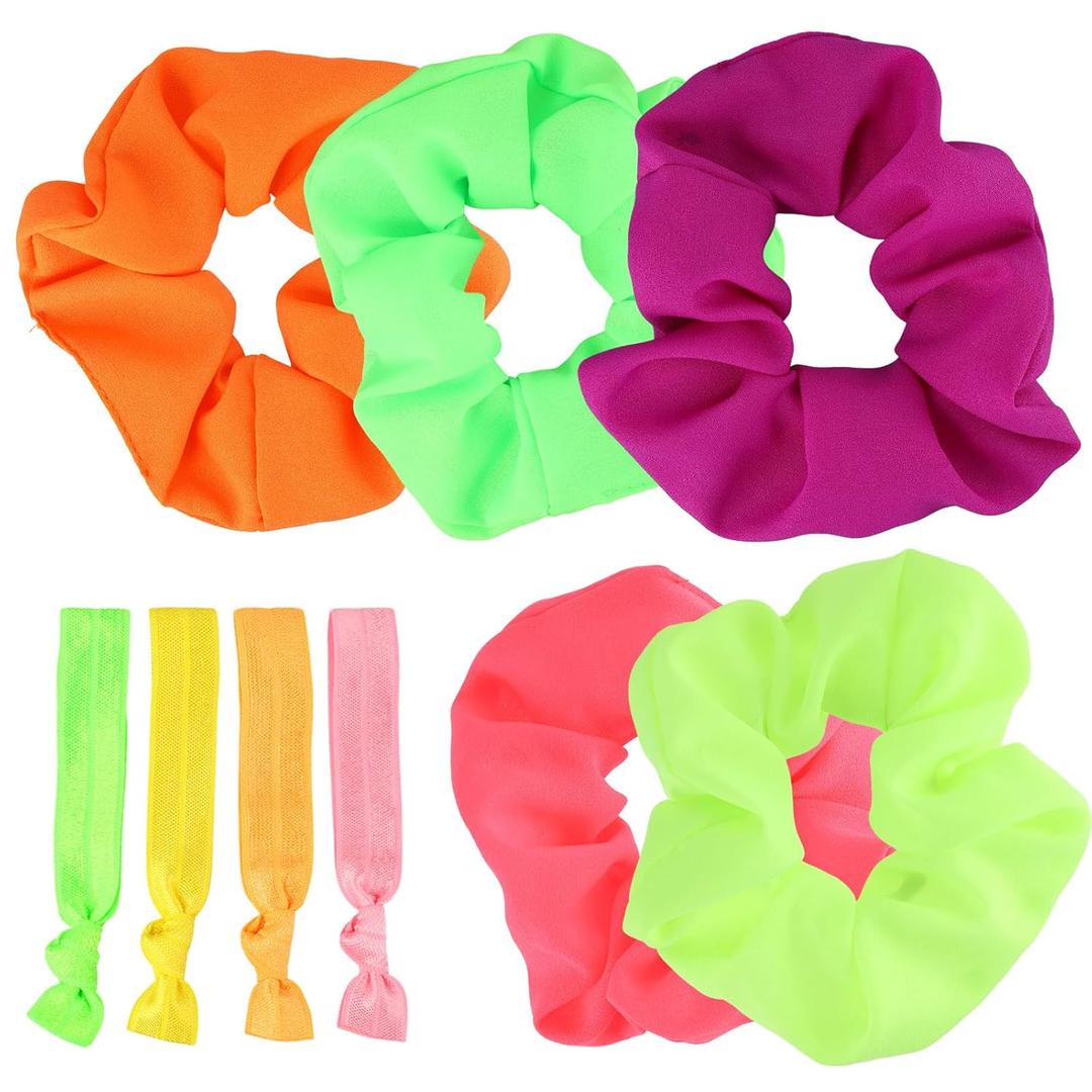 5 PCS Neon Scrunchies for Hair 80s, Neon 80s Hair Accessories for Women, Pink, Orange, Purple, Green Scrunchies, with 4 Hair Ties Suitable for Ladies Party