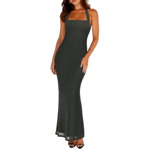 REORIA Mesh Sheer Sleeveless Wedding Guest Maxi Dresses for Women Ruched Bodycon Square Neck Halter Long Dress Summer 2026, M