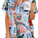 Ekouaer Women's Satin Pajamas Set Button Down 2 Piece Silk Pjs Shorts Set Ruffle Lingerie Notch Collar Sleepwear (Small, Cat Collection)