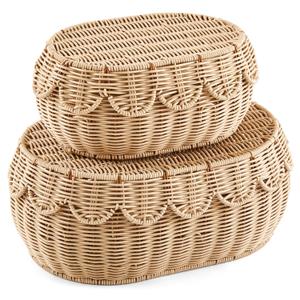 Juexica 2 Pcs Scalloped Rattan Baskets, Woven Rattan Wicker Storage Baskets with Lid for Nursery Storage diaper organizer Bathroom Decor(Natural)