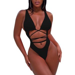 Sovoyontee 2025 Women's Sexy Cheeky One Piece Swimsuits High Cut Thong Bikini Bathing Suit Monokini (Black) XL