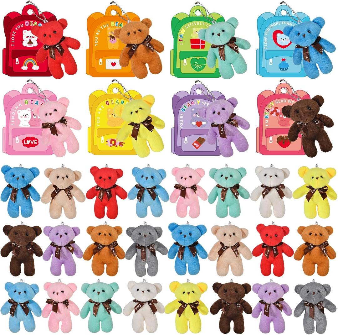 Valentines Gift Cards for Kids, 24 Packs Valentines Plush Bears Toy Stuffed Animal Plush Toys for Kids Girls Boys Valentines Classroom School Exchange Prize Party Favors Gifts