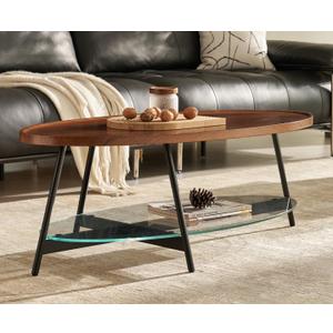 Shrine Glass Coffee Table, Black Walnut Table for Living Room, Glass and Wood Table, 43.3" D x 21.6" W x 15.7" H, Clear Glass Base, Walnut Wood Top&Black Metal Frame