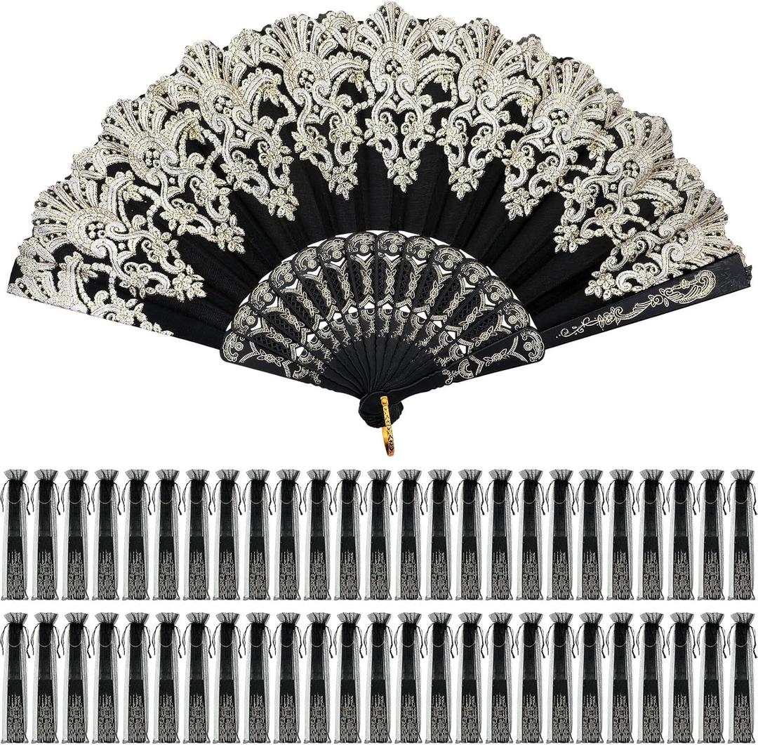 Geelin 50 Pcs Hand Lace Foldable Fans Bulk for Women with Organza Bag Lace Folded Hand European Retro Fan Bridal Dancing Prop Wedding Party Favors for Dancing Tea Party(Fresh Style,Black, blue, white)
