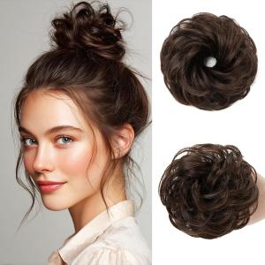 CJL HAIR Small Messy Bun Hair Pieces for Women Thin Hair Synthetic Curly Mini Scrunchies Hairpiece Updo with Elastic Band 2PCs Dark Chocolate