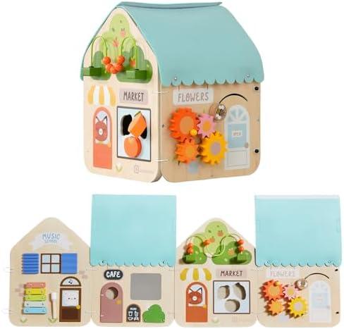 IDEA FAMILY 2 in 1 Montessori Wooden Busy Board House, Multi-Functional Foldable Busy Board, Fine Motor Skills Training for Little Kids Aged 1-3, Gifts for Boys and Girls