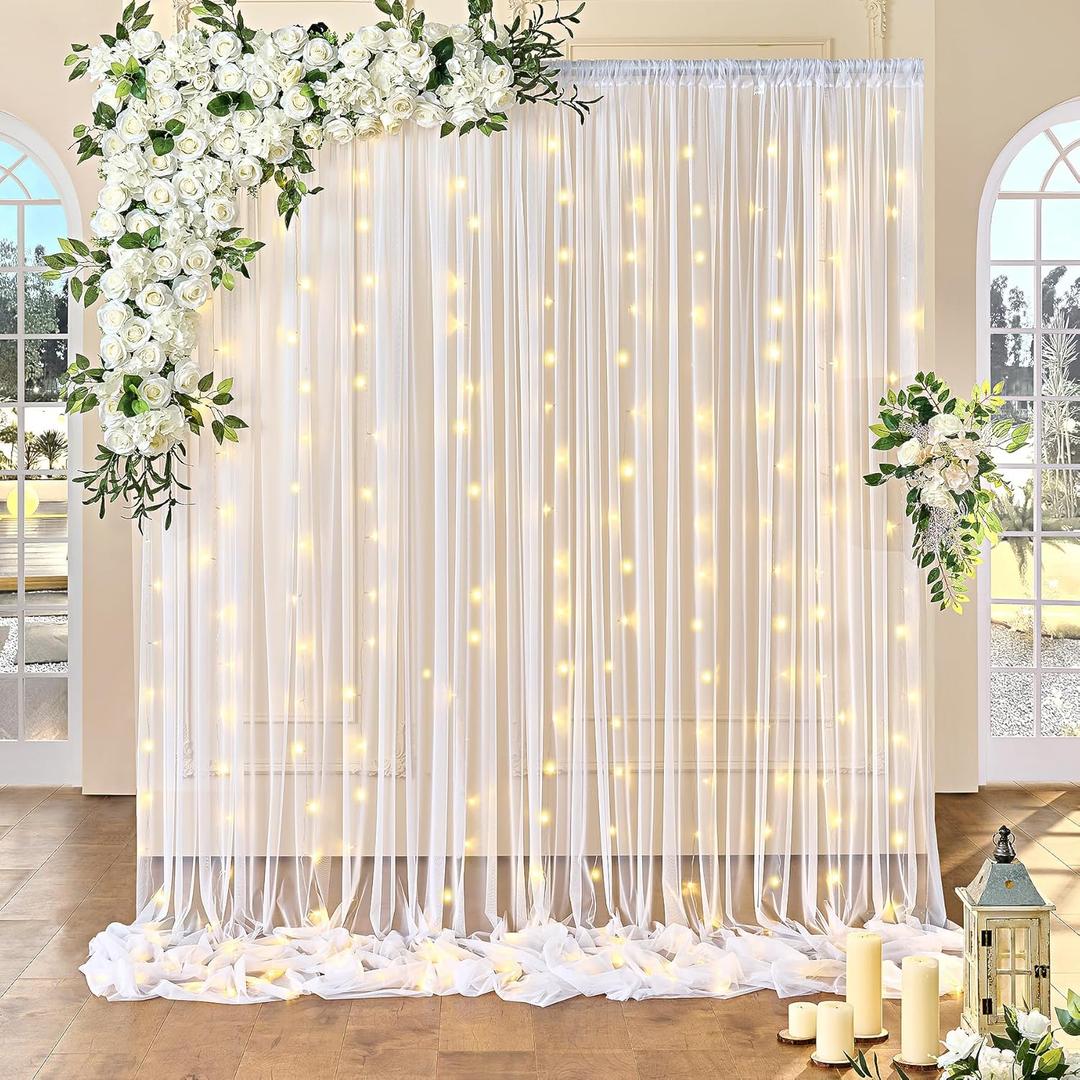 10FT x 7FT White Sheer Curtains with Lights String Tulle Curtain for Living Room Bedroom Parites Wedding Birthday Decorations 2 Panels 60" Wｘ84 L