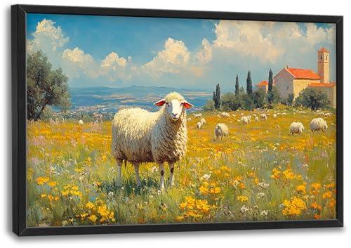 Large Netherland Sheep Wall Art for Living Room, Nature Country Landscape Canvas Oversized Wall Decor Country Framed Pictures Painting Print Artwork for Bedroom Office 36" L x 24" W