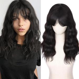 WIGNEE 100% Virgin Human Hair Natural Wave Wigs with Bangs Brazilian Human Hair Wave Wigs Natural Black Color (16 Inch)