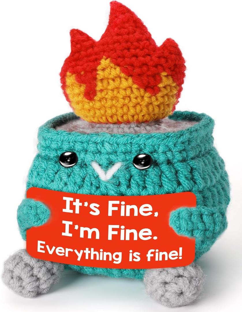 Emotional Support Crochet Dumpster Fire - Handmade Positive Plush, Funny Office Desk Cubicle Decor for Men & Women, for Coworkers Boss, Easter Christmas White Elephant, Its Fine