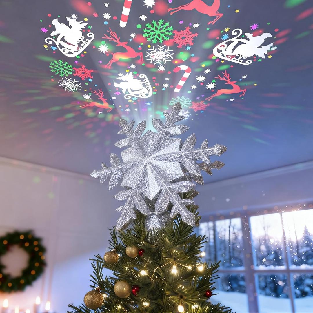 DG-Direct Christmas Tree Topper Lighted with 6 Projected Patterns, Led Rotating Magic Snowflake, 3D Hollow Glitter Lighted Silver Snow Tree Topper for Christmas Tree Decorations, Silver