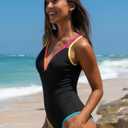 popvil Women's One Piece 2025 Tummy Control Swimsuits Neon Color Block Swimwear Deep V Neck Slimming Bathing Suit (Black, S)