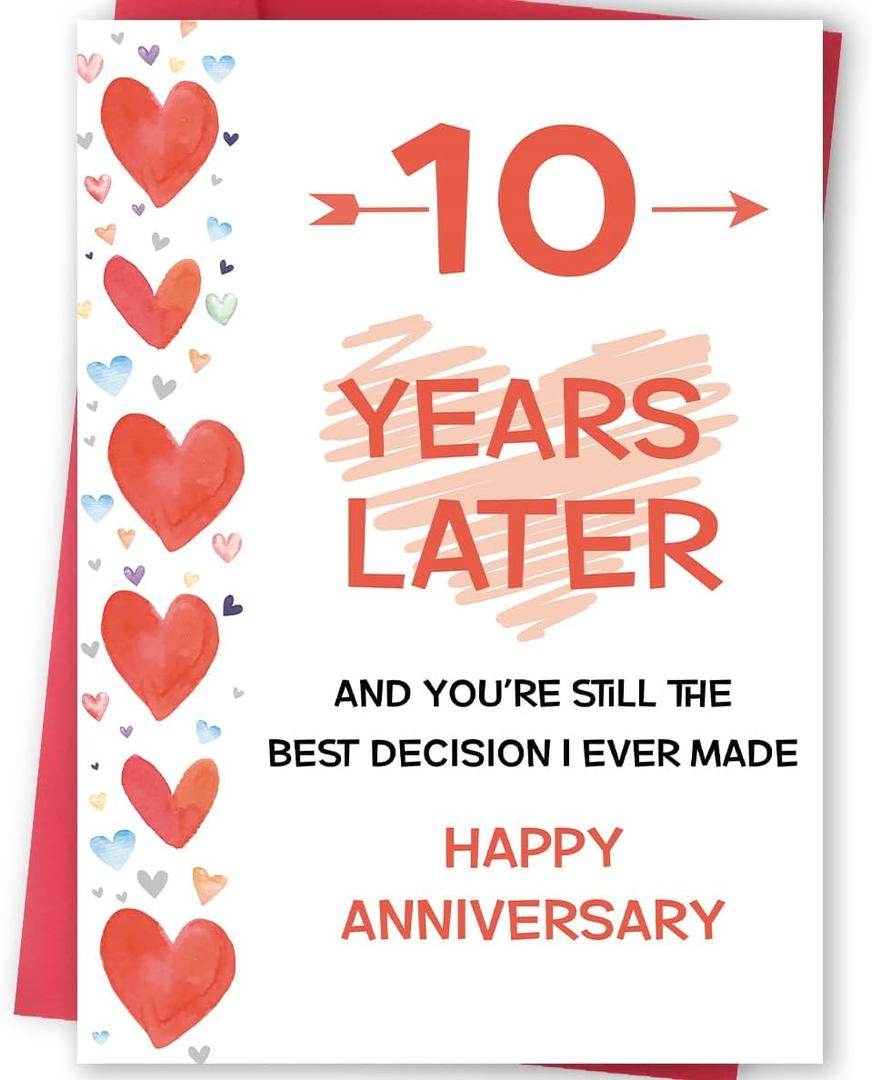 FANCYLUCKY Funny 10 Years Anniversary Card Gifts for Him Her, Romantic 10th Anniversary Card for Husband Wife, Happy Tin Wedding Card for Couples