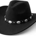 Lanzom Women Men Felt Wide Brim Western Cowboy Hats Belt Buckle Panama Hat (Medium-Large, Black)