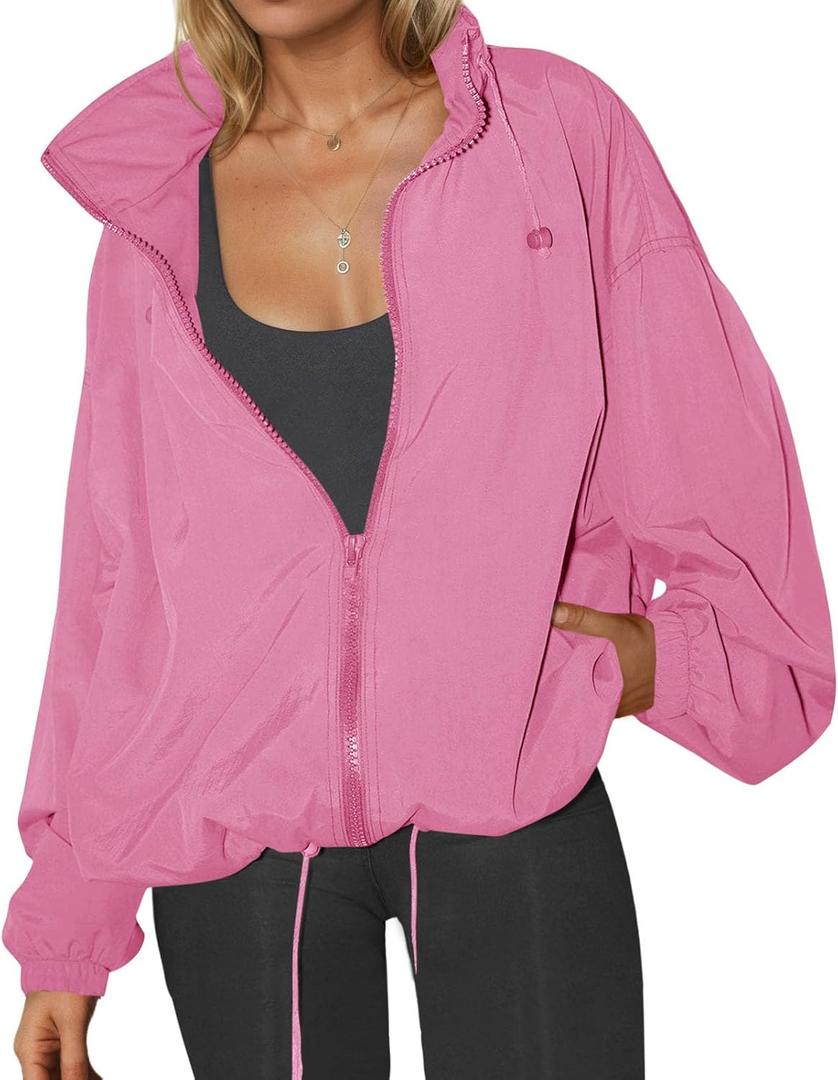 Yousify Womens Waterproof Rain Jackets Lightweight Zip Up Raincoat Outdoor Hiking Hooded Windbreaker with Pocket, XL