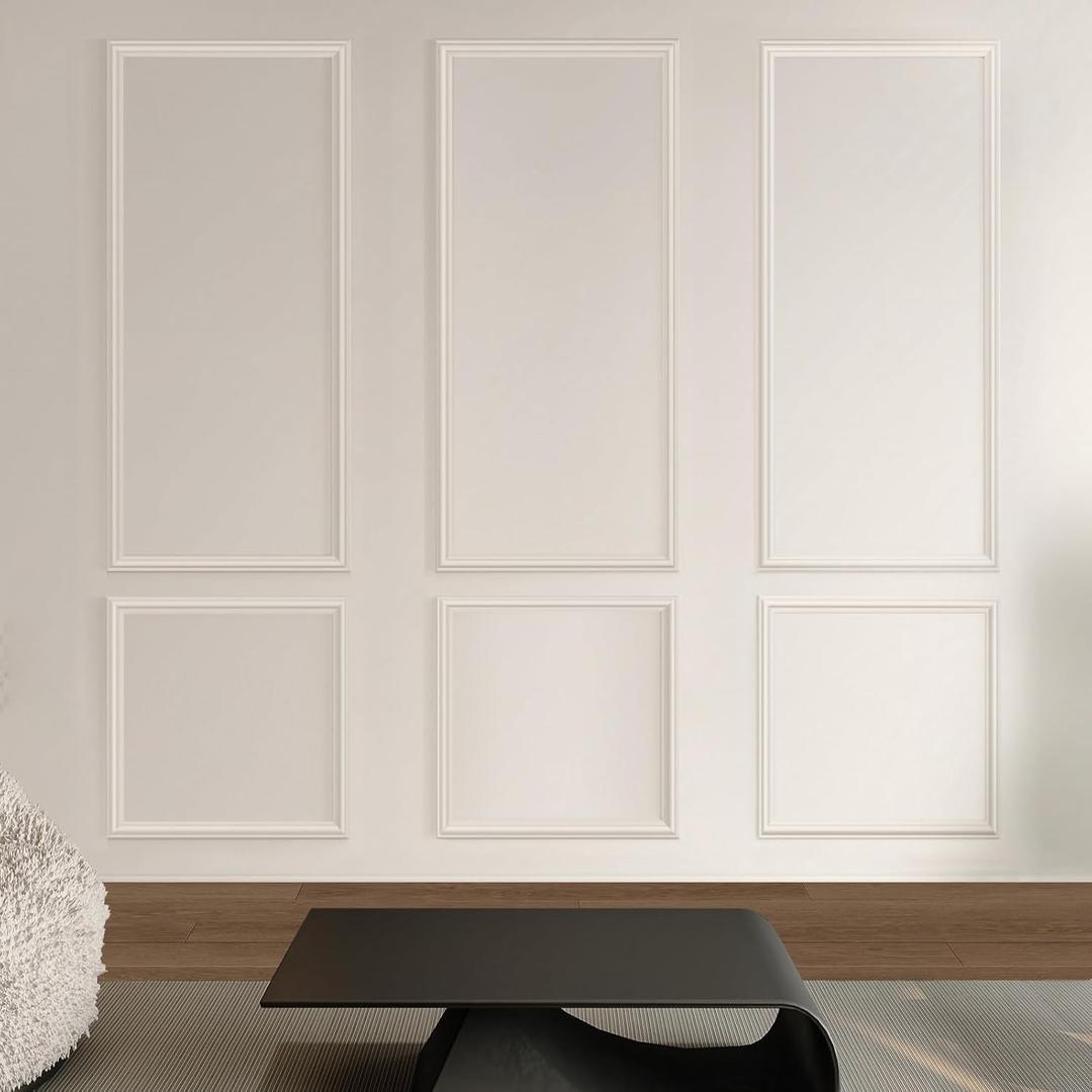 Pre-Cut Peel and Stick Wall Molding Kit Wainscoting Trim- Self Adhesive Premade Accent Panel Chair Rail for Interior Moulding Home Decor Accent Wall Set of 6 pcs - 3 Top 3 Bottom, Ready to Assemble (White)
