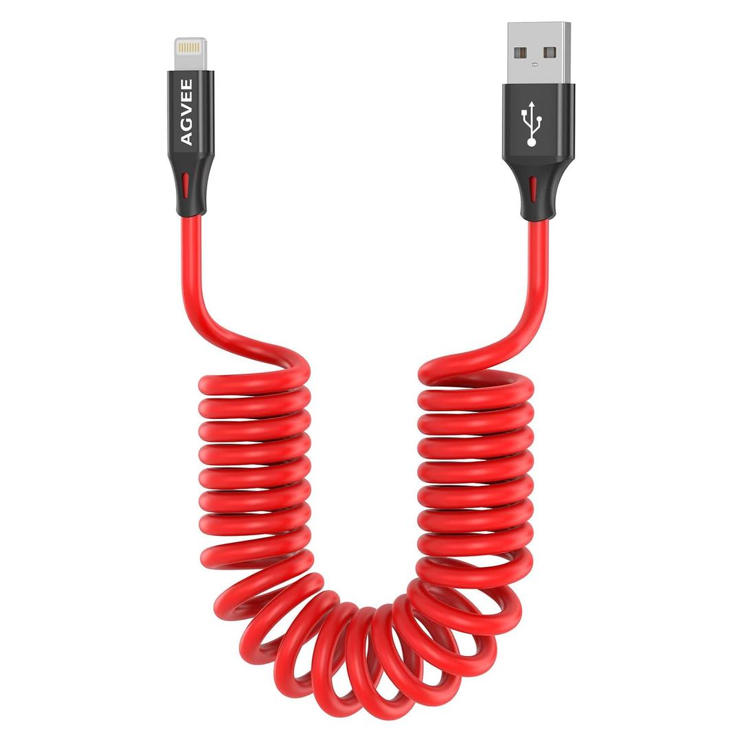 2 x AGVEE 1.5ft Coiled Short USB to Lightning Charging Cable [MFI Certified] 3A Fast Charger Cord in Car for iPhone 14/13/12/11/XS/8/7/6/5 CarPlay, iPad, iPod, Red
