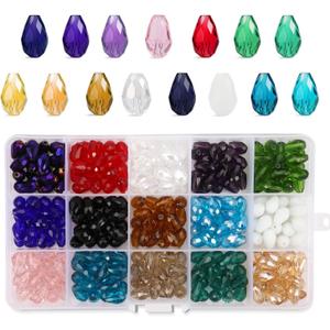 PHOGARY 300pcs Glass Beads, Mixed Colors Crystal Teardrop Beads Assorted Kit Multi-Colors Lustered Loose Spacer Beads, 8 * 12mm Waterdrop Shape for Jewelry Making, DIY Crafting (15 Colors)