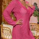 Saodimallsu Women Crochet Cover Up Long Sleeve Deep V Neck Hollow Out Sweater Oversized Beach Mini Dress Bathing Suit Coverup (Pink)