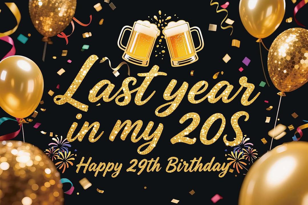 Last Year in My 20s Birthday Backdrop for Men, Black Gold Beer Mug Balloons Cheers to 29 Years Sign Banner Photography Background, Funny 29th Birthday Photo Booth Props Decor Fabric 6 * 4ft