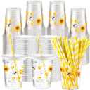 Funnymoom 50 Sets Bee Theme Party Supplies Honeybee Plastic Cups with Lids and Straws 16 oz Clear Honeybee Disposable Drinking Cups Bulk for Bee Theme Party Favors Birthday Baby Shower Supplies