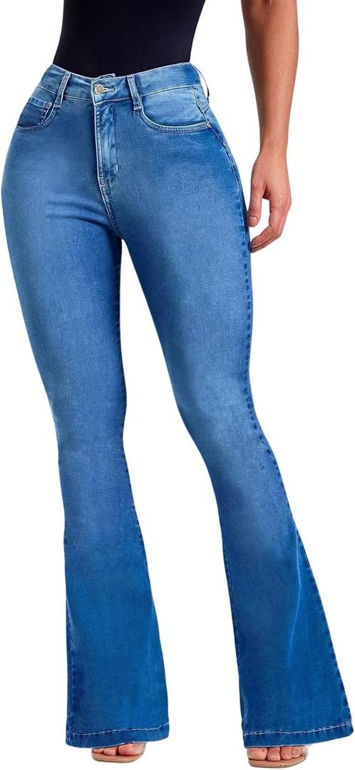 Women's Flare Stretch High Rise Jeans Skinny Bell Bottom Denim Pants (Blue, L)