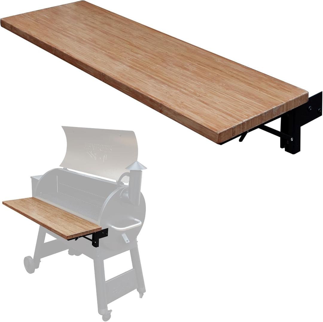 Iron Forge Tools 36.5x12 Wood Folding Grill Shelf Accessory - Charcoal Grill Accessories for Pellet Smoker Barbeque - Compatible with Traeger Pro 34, Pro 780, Ironwood 885 Series Texas Elite, Eastwood (Brown)