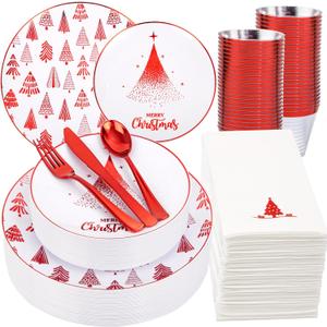 Nervure 175PCS Christmas Plastic Plates - Withe and Red Disposable Plates - Xmas Tree Plates Include 25Dinner Plate, 25Dessert Plate, 75Silverware, 25Cups, 25 Napkins for Christmas Party