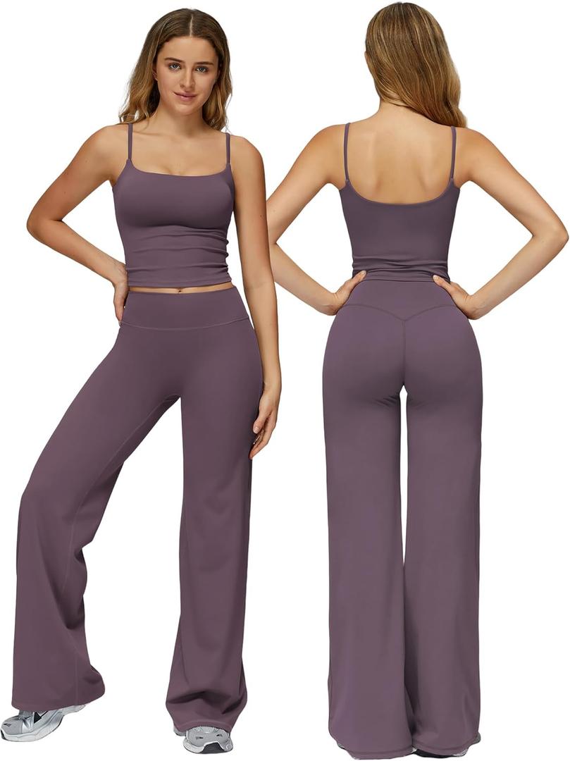 Womens Workout Sets Two Piece Spaghetti Straps Crop Top Matching Straight Leg Pants Gym Work Pilates Outfits (Large, Purple)