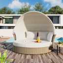 Outdoor Patio Rattan Round Daybed with Retractable Canopy, Wicker Furniture Clamshell Sectional Seating Sunbed with Removable Cushions and 4 Pillows for Patio Backyard Porch,Beige