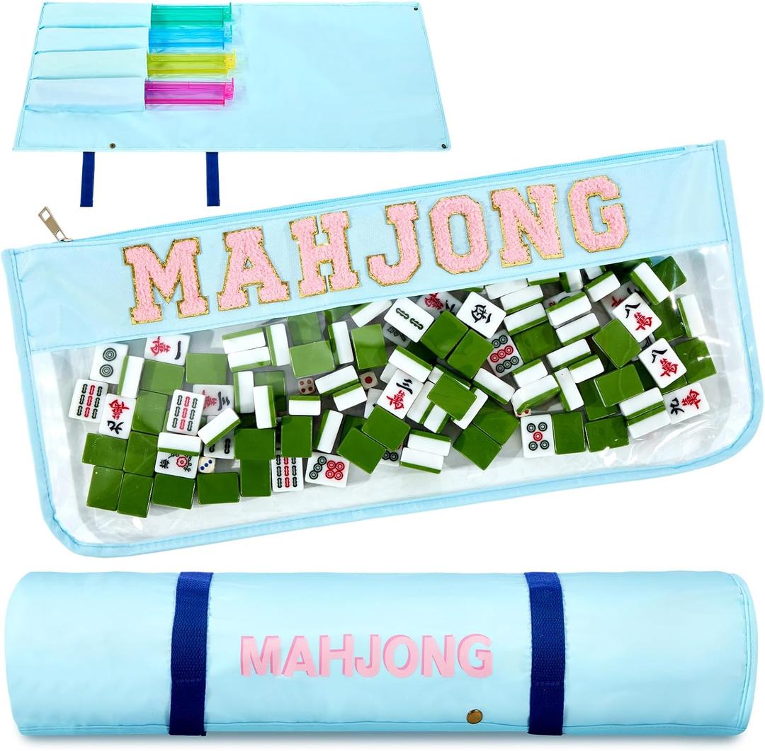 2 Pcs Mahjong Bags for Tiles and Racks Include Mahjong Tile Bag & Rack Bag, 37 Inch Protective Sleeve Tile Gift Accessory with Zipper & Letter for Mahj Pusher, Not Include Racks& Tiles(Blue)