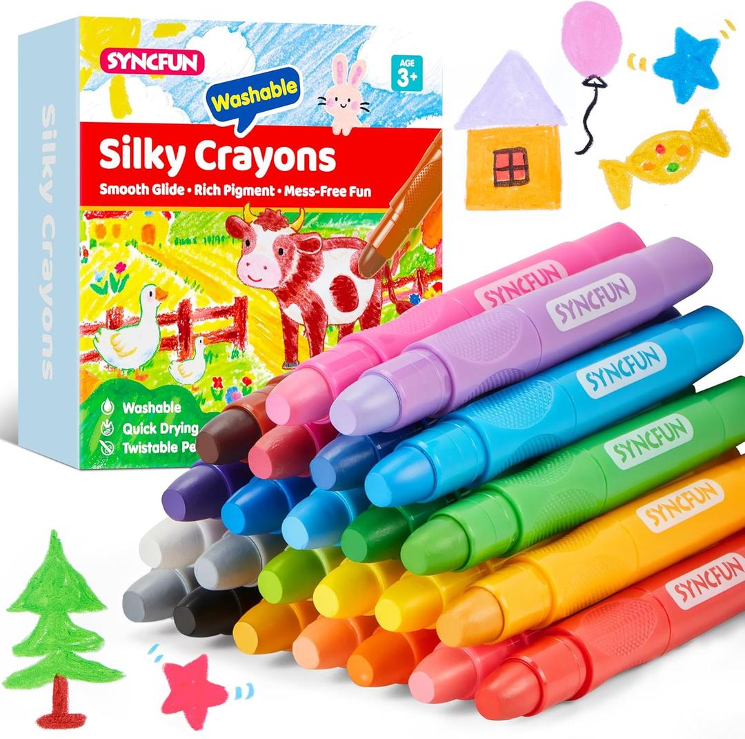 SYNCFUN 24 Pcs Twistable Silky Crayons, Washable Crayons for Paper, Easy to Hold & Quick-Drying Art Supplies, Non-Toxic, Mess Free, Birthday Valentine Easter Gifts for Kids Ages 3 and Up