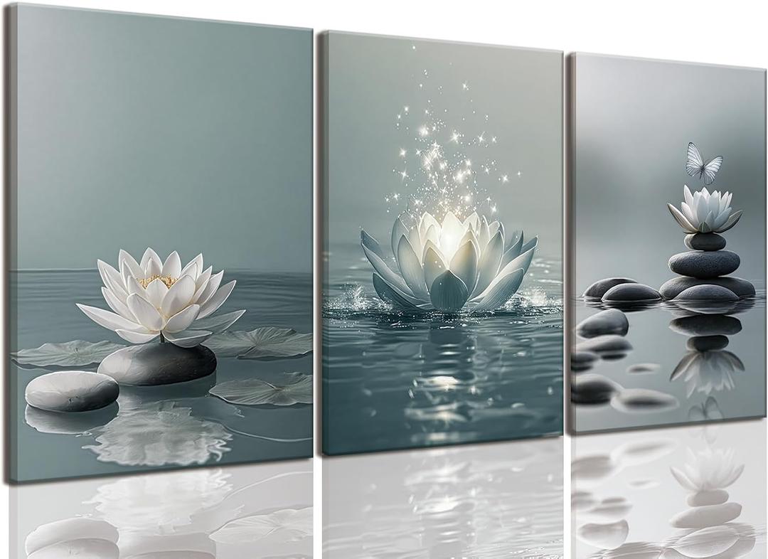 AOYUSMO 3 Piece Lotus Flower Wall Art Zen Bathroom Wall Decor Spiritual Canvas Art Yoga Room Pictures Meditation Paintings Spa Artwork For Living Room Bedroom, 16x24in