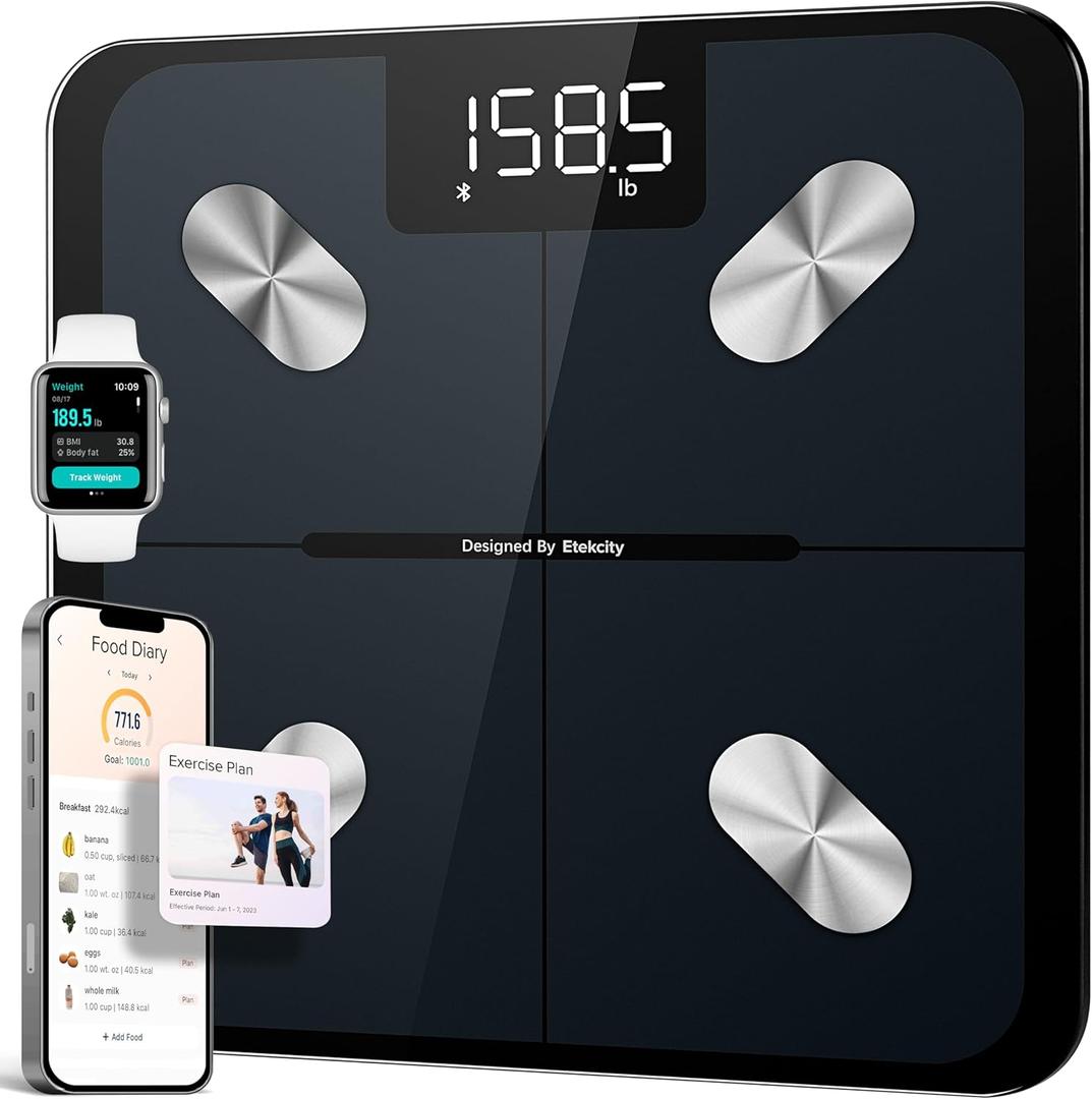 Etekcity Smart Scale for Body Weight, FSA&HSA Eligible, Bathroom Digital Weighing Scale with BMI, Body Fat, Muscle Mass, Accurate Bluetooth Home User Health Equipment Sync Apps, LED, Tempered glass (11 x 11 inches, Black)