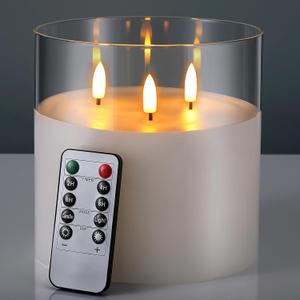Retisee 6'' x 6'' Extra Large Flameless Candles, 3 Wick Glass Large Candles with Remote Control and Timer Function, Real Wax LED Pillar Flickering for St. Patrick's Spring Party Decor(Clear,1 Pcs)