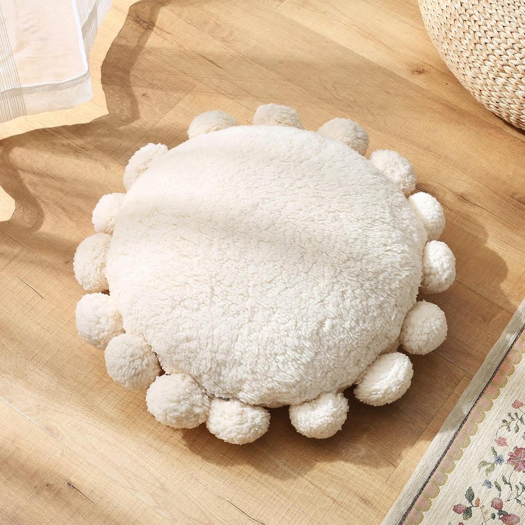 Boho Decorative Throw Pillows Round Floor Cushion with Poms,Cute Floor Seating Plush Pillow for Kids Reading Nook,Home Decor for Chair Sofa Bed Put in Living Room Indoor Outdoor
