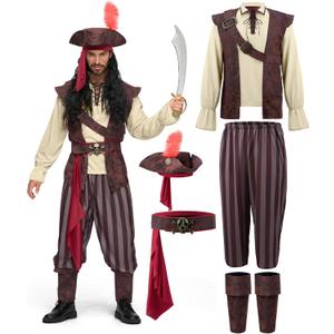 Spooktacular Creations Mens Caribbean Pirate Costume Adult Sea Captain Robber Costume for Halloween (X-Large, Beige)