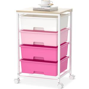SYKIARIOL Utility-Rolling-Craft-Storage-Cart-Organizer with 4 Drawers and Wooden Tabletop, 4 Tier Drawer Cart for Home Office, Kid Room, Classroom Teacher, Dorm, Pink
