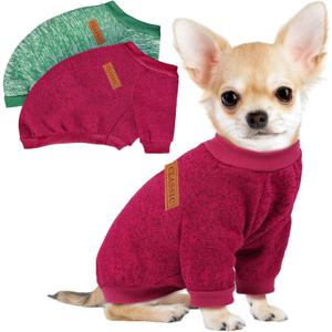 2 Pcs Dog Sweaters for Small Dogs Girl Boy Winter Fleece Clothes Warm Soft Dog Sweatshirt Outfit for Dogs Cats Pet Apparel (XS (Back: 9.8",Chest: 13.7", 3.5-5.5lbs), Wine Red+Green)