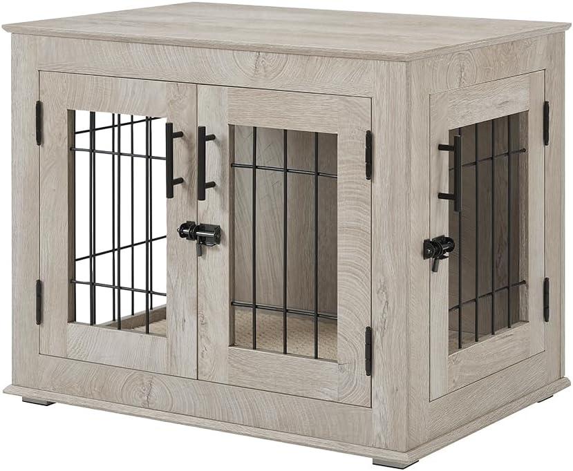 beeNbkks Furniture Style Dog Crate End Table, Double Doors Wooden Wire Dog Kennel with Pet Bed, Decorative Pet Crate Dog House Indoor, Small, Weathered Gray