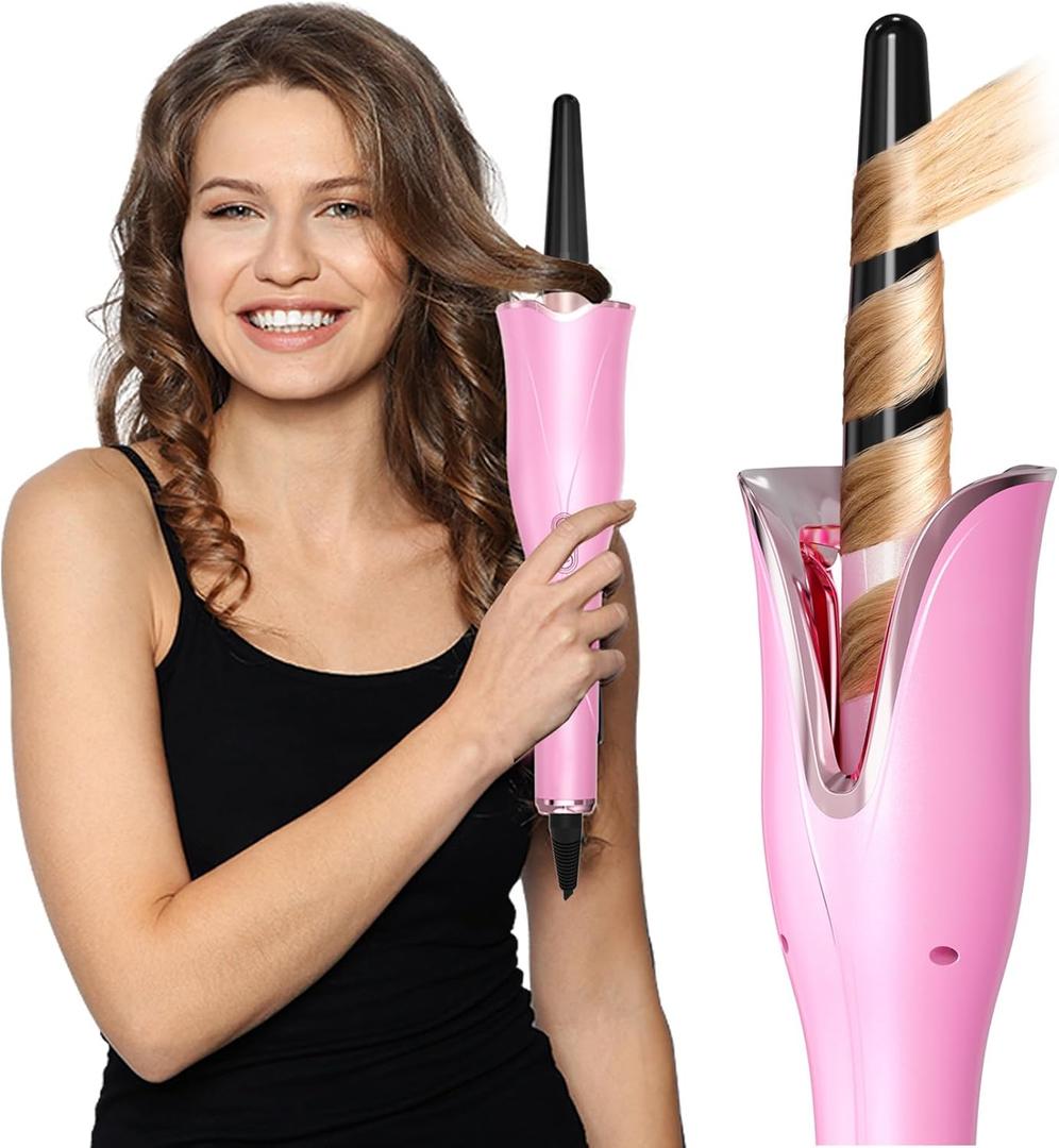 Automatic Curling Iron, Curling Wand Self Rotating for Medium and Long Hair, with Guider Rod - Easy to Use, No Burns, No Tangle, Fast Curl, 1 Inch, Dual Voltage, Automatic Hair Curler for Teen Girls