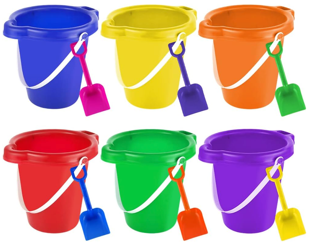 BeneFine Large Sand Pail with Shovel, 7'' Large Size Sand Water Bucket for Beach Fun Great Summer Party Accessory(6 Bucket + 6 Shovels)
