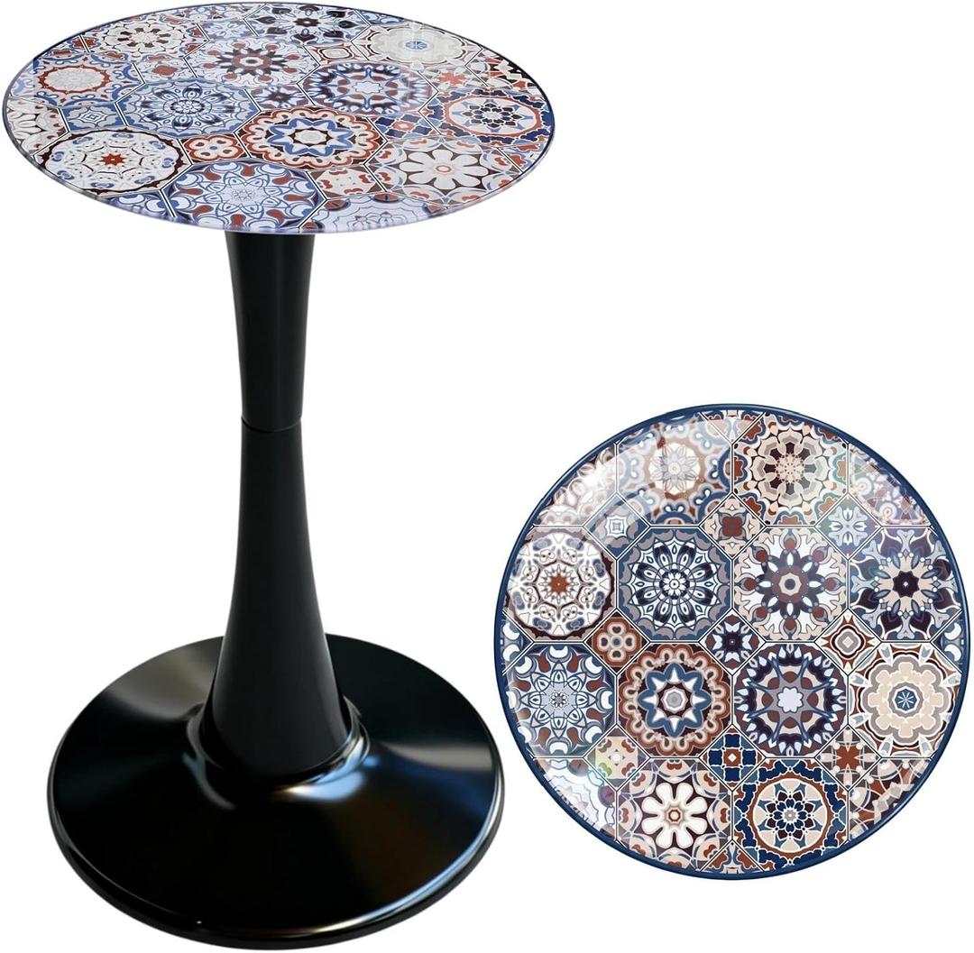 Simmer Stone 13.4" Outdoor Side Table, Round Patio Bistro Table Printed Tempered Glass Top, Waterproof Rust-Proof Base, Small Plant Stand for Balcony, Garden, Deck, 21.6" H (Bohemia)