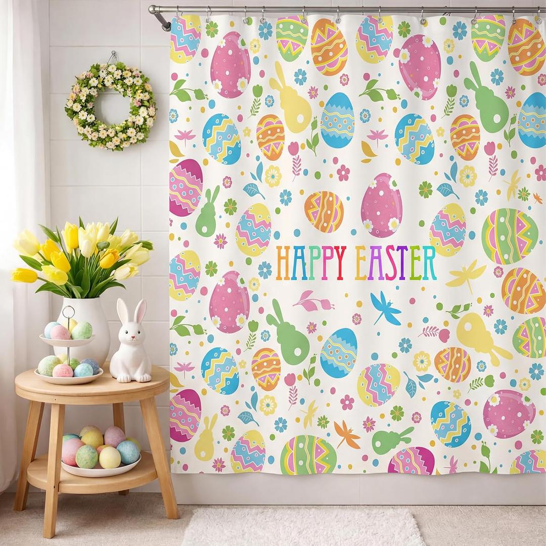 Happy Easter Shower Curtain Cute Bunny Rabbit Eggs Shower Curtains for Bathroom Spring Flower Colorful Bathroom Curtain Decoration Set with 12 Hooks Polyester Waterproof 72 x 72 Inches