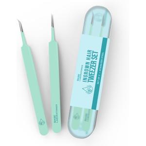 Base Labs Ingrown Hair Tweezers Set 2 Pack Precision Tweezers for Ingrown Hair Removal, Curved & Pointed Tip Stainless Steel Tweezers with Protective Case for Razor Bumps, Splinters & Facial Hair