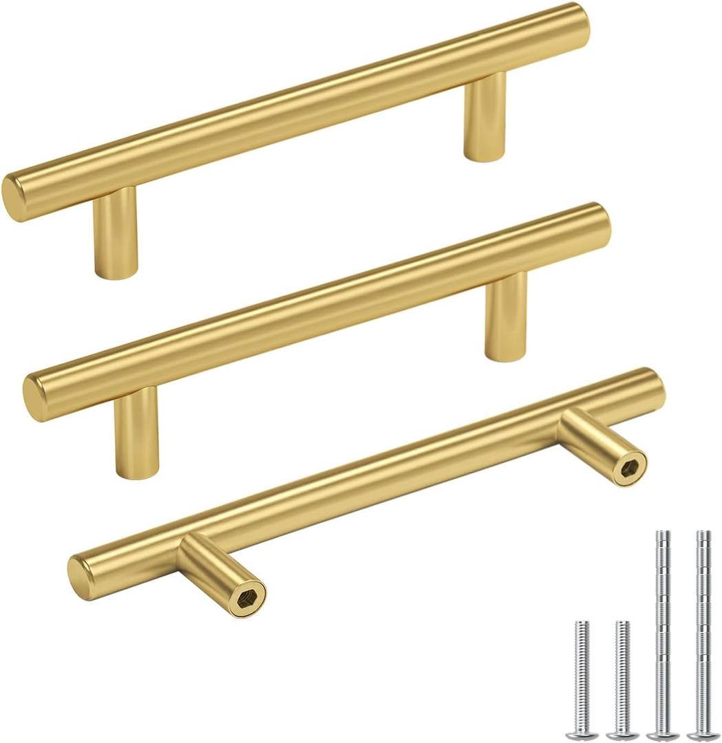 Goldenwarm 30 Pack 4Inch Gold Kitchen Cabinet Handles Brushed Gold Cabinet Pulls Brass Drawer Pulls Kitchen Dresser Handles for Modern Bathroom Cupboard (Hole Centers: 4in)