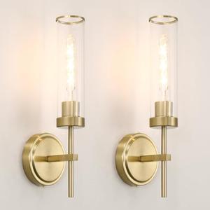 Gold Bathroom Wall Sconces Set of 2, Modern Wall Sconces Set of Two Hardwired, Bathroom Vanity Light Fixtures with Clear Glass, Gold Wall Mounted Lights for Living Room Corridor Mirror Bedroom Stairs