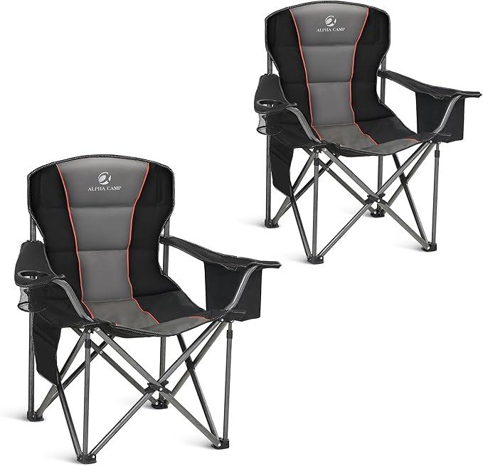 ALPHA CAMP Oversized Camping Folding Chair, Heavy Duty Support 450 LBS Steel Frame Collapsible Padded Arm Chair with Cup Holder Quad Lumbar Back, Portable for Outdoor, 2 Pack (Twin Pack, Black)