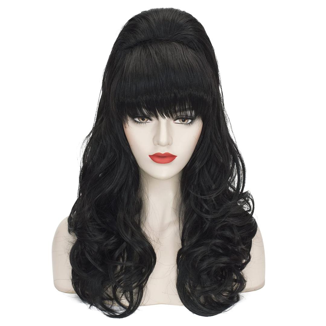 Wiggy Mermaid Beehive Wig Black Women Vintage Long Curly Bouffant Updo Victorian Fembot Wig 60s 50s Costume Married Housewife Heat Resistant Synthetic Hair Wigs for Halloween Party + Cap