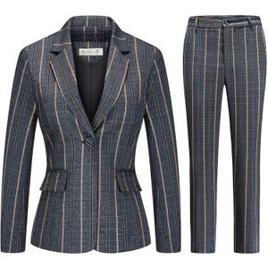 Womens 2 Piece Plaid Suits Set Business Office One Button Blazer Jacket Casual Long Sleeve Pant Suit Set (Small)